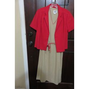 VINTAGE 70'S PBJ TAN SLEEVELESS  DRESS WITH RED TRIM & SEPARATE RED JACKET SZ 13